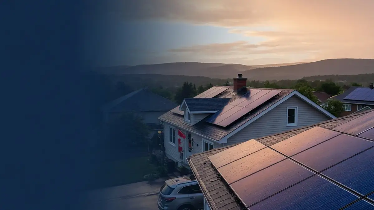 Maison québécoise avec panneaux solaires sur le toit au coucher du soleil, collines en arrière-plan